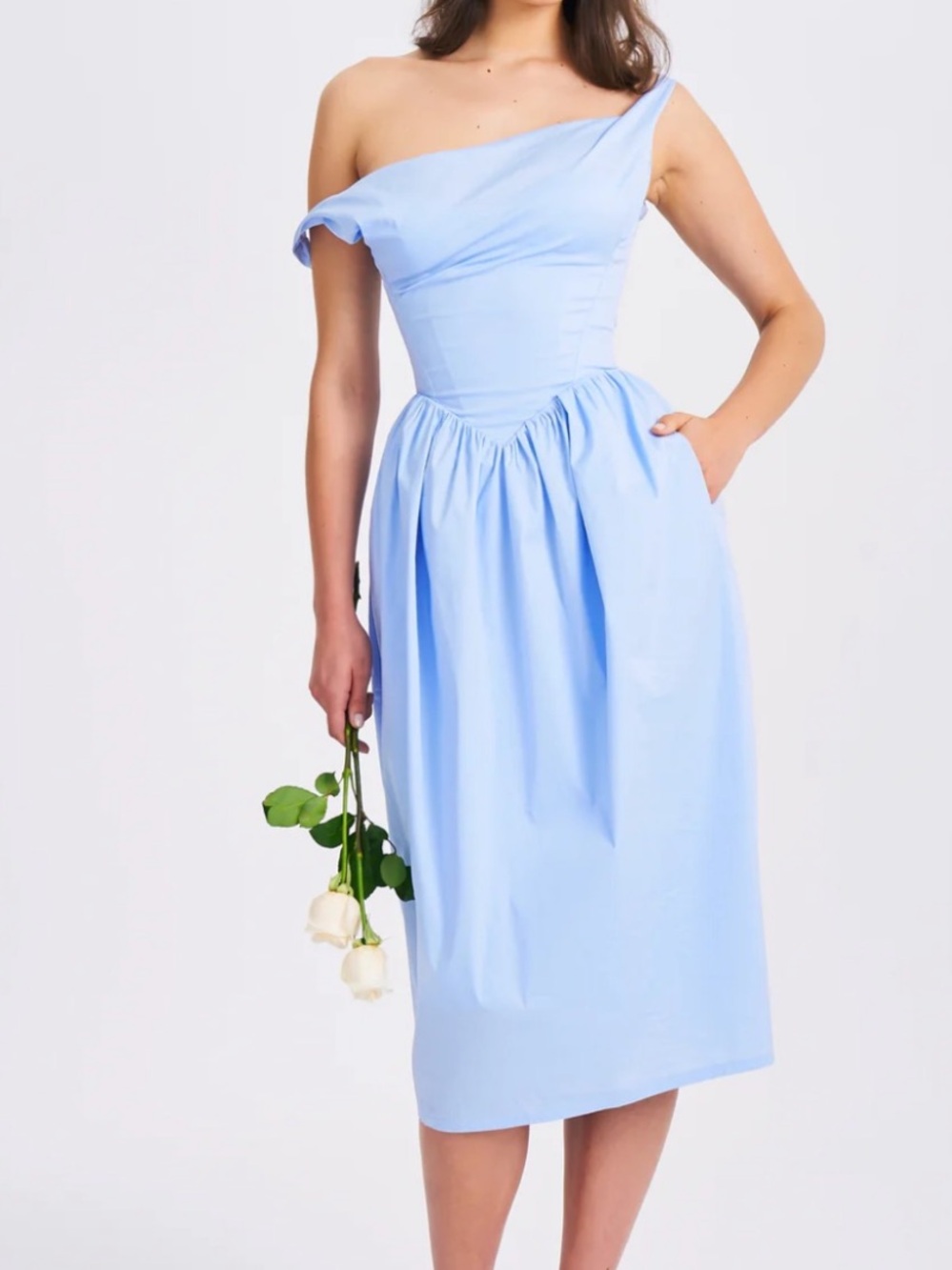 Sky Blue One-Shoulder Midi Dress with Feminine Gather